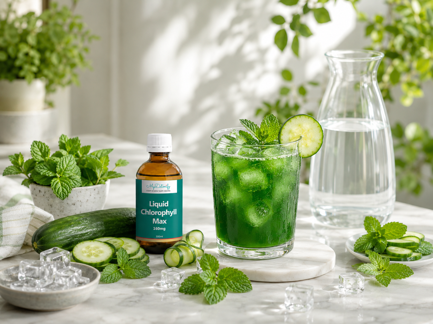 Chilled chlorophyll water with cucumber, fresh mint, ice and My Detoxify Liquid Chlorophyll Max.