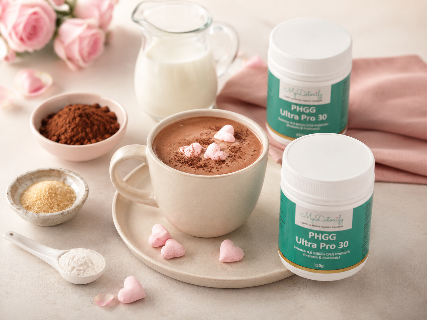 Warm PHGG hot chocolate with cacao powder, milk and My Detoxify PHGG Ultra Pro 30.
