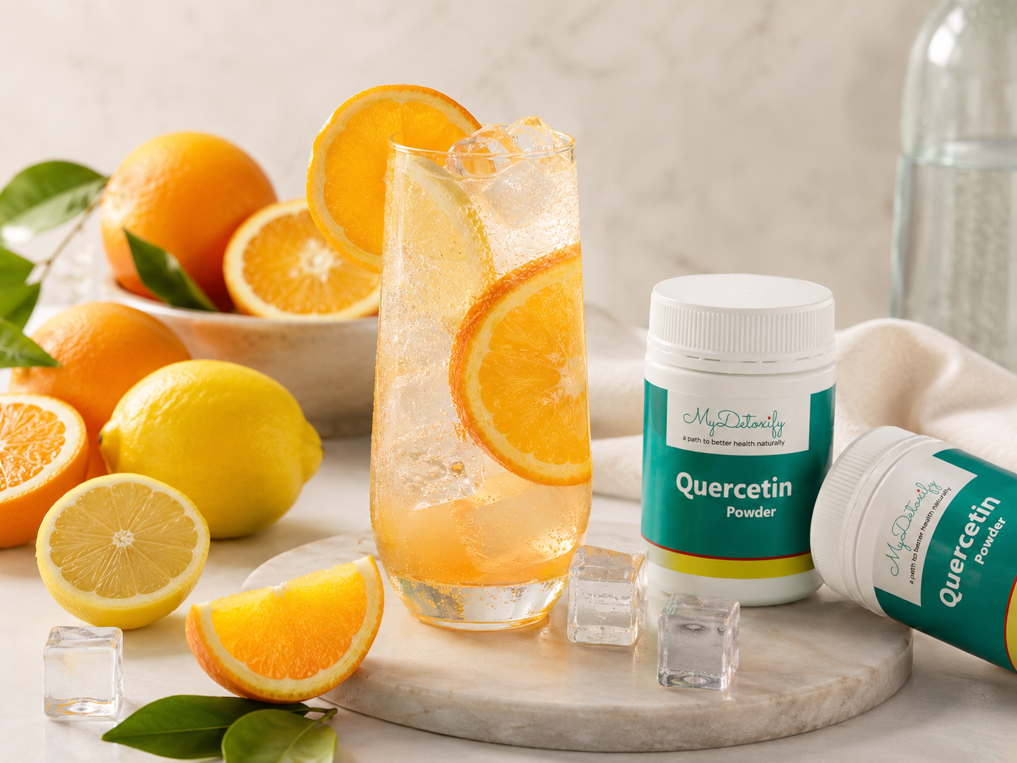 Bright, sparkling and full of fresh citrus flavour, this easy spritz combines My Detoxify Quercetin Powder with orange, lemon and chilled sparkling water. Serve over ice for a colourful drink that can be prepared in just a few minutes.